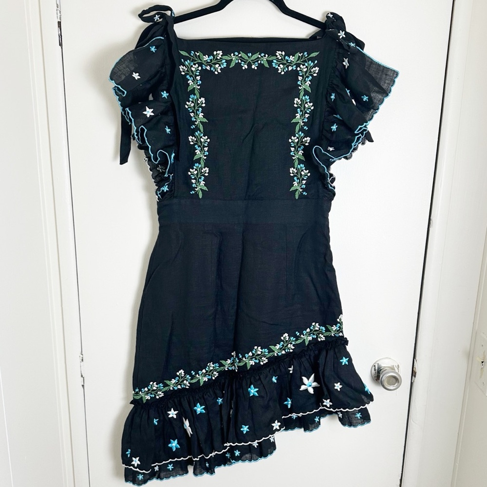 Gul Hurgel Black 100% Linen Floral Embroidered Mini Dress Asymmetrical Medium